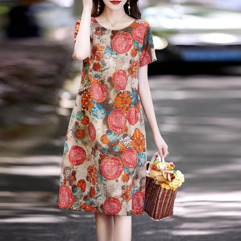 Thin Cotton and Linen Dress, Summer 2026 New Style, Loose Fit, Plus Size, Tummy-Covering, Age-Reducing, Middle-Aged Mom Print Long Dress