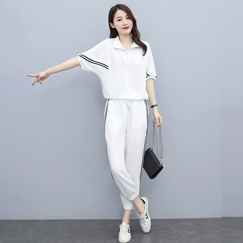 White Ice Silk Casual Fashion Sports Suit for Women, Summer 2026 New Style, Simple and Versatile Sweatshirt and Sweatpants Two-Piece Set