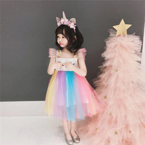 Girls  summer rainbow dress 2021 new childrens middle and small childrens baby puffy mesh skirt childrens princess skirt