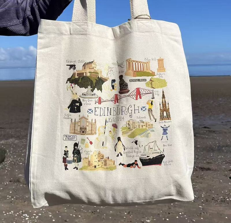 Authentic In-Stock Canvas Bag Featuring Edinburgh Castle, Arthur's Seat, and Other Landmarks from Edinburgh, Scotland, Uk