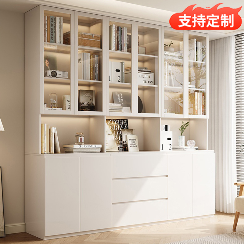 All-Solid Oak Wood Bookcase and Bookshelf Combination Against the Wall, Cream White, Living Room Storage File Cabinet, Shipped from Foshan with Installation Included