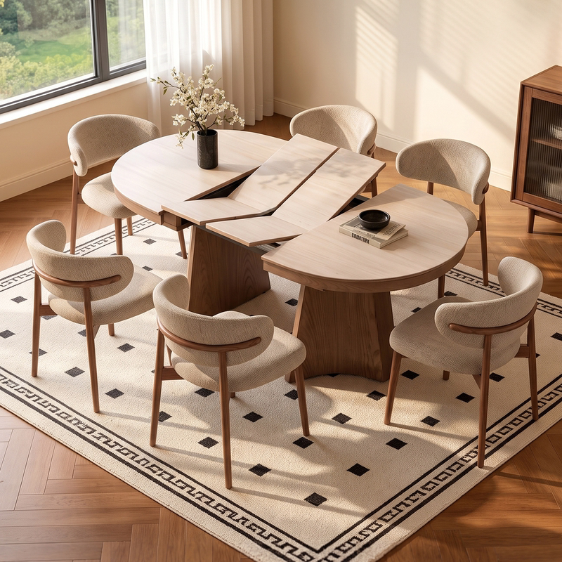 A Single-Piece Stone Slab and Solid Wood Extendable Round Dining Table, Foldable and Multifunctional, Can Be Transformed into a 1.8m Dining Table A Single-Piece Stone Slab and Solid Wood Extendable Round Dining Table, Foldable and Multifunctional, Can Be Transformed into a 1.8m Dining Table