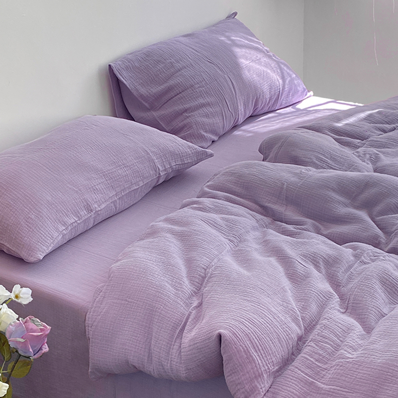 Cat Cat Talk | Textured Double-Layer Gauze Class a Bed Sheet Set, Purple Cotton Gauze Pure Cotton Duvet Cover and Bed Sheet 4-Piece Set
