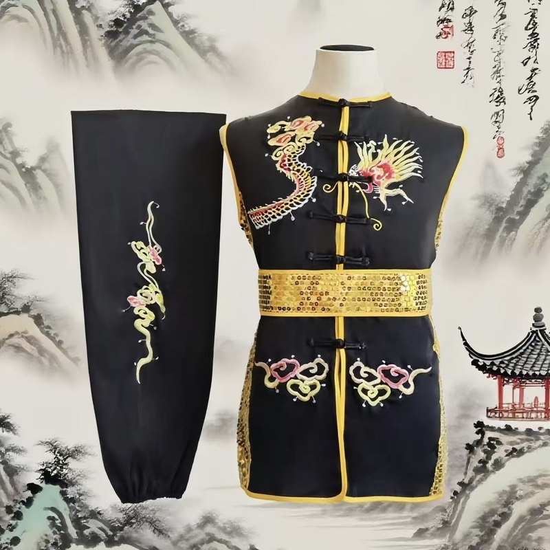 Sleeveless Nanquan Uniform with Dragon Embroidery, Longquan Competition Performance Uniform, Professional Martial Arts Uniform, Competition Uniform, Colorful Uniform, Unisex Sleeveless Nanquan Uniform with Dragon Embroidery, Longquan Competition Performance Uniform, Professional Martial Arts Uniform, Competition Uniform, Colorful Uniform, Unisex