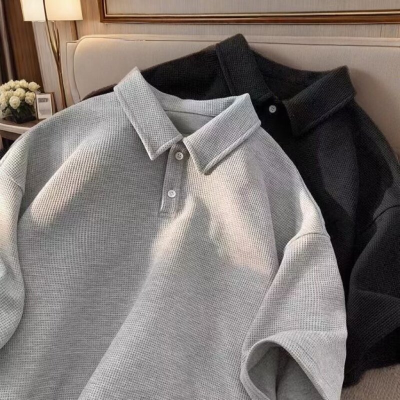 Waffle Short-Sleeve Polo Shirt, Large Size Men's Summer Casual Loose Versatile Men's Cross-Border Turn-Down Collar T-Shirt Top