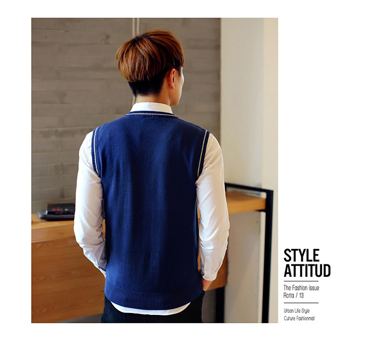 Thu đông nam xu hướng áo len dệt kim giản dị Slim màu rắn cổ chữ V trẻ trung không tay vest vest vest cotton áo vest nam hàn quốc