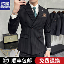 Luo Meng high-end suit mens suit business casual double-breasted striped slim small suit groom wedding dress