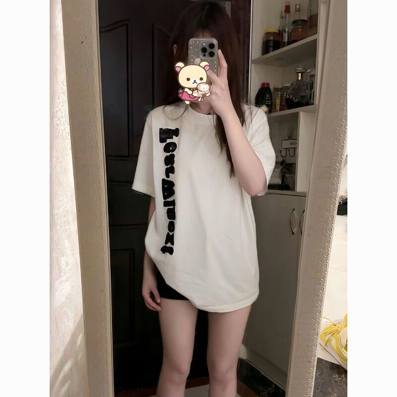 White 100% Cotton Letter Print Design Short-Sleeve T-Shirt for Men and Women, Versatile Summer Loose Casual Half-Sleeve Top