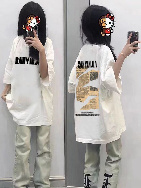 2024 New American Style Short-Sleeved T-Shirt for Women, Summer Unisex Loose Printed European and American High Street Trendy Brand Couple Tops