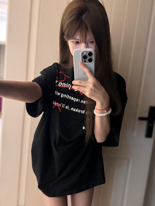 Creative Design Letter Short-Sleeve T-Shirt for Women, Pure Cotton, Heavyweight, Summer Trendy Brand, American High Street Style, Loose Half-Sleeve Top