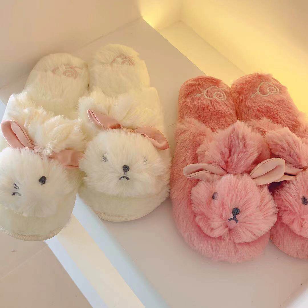 New products Wool Velvet Suede Long Ears Satin Butterfly Knots Cute Rabbit Home Slippers Interior Shoes Women