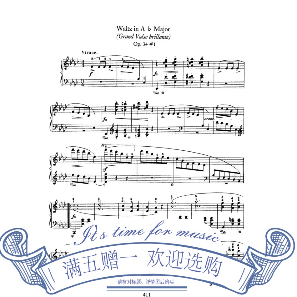 Chopin Gorgeous Waltz in A-flat Major Op34 No1 Piano Score Original with Fingering Pedal