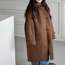 2024 boys and girls thickened double-sided cashmere coat Maillard color small hooded hidden button woolen coat