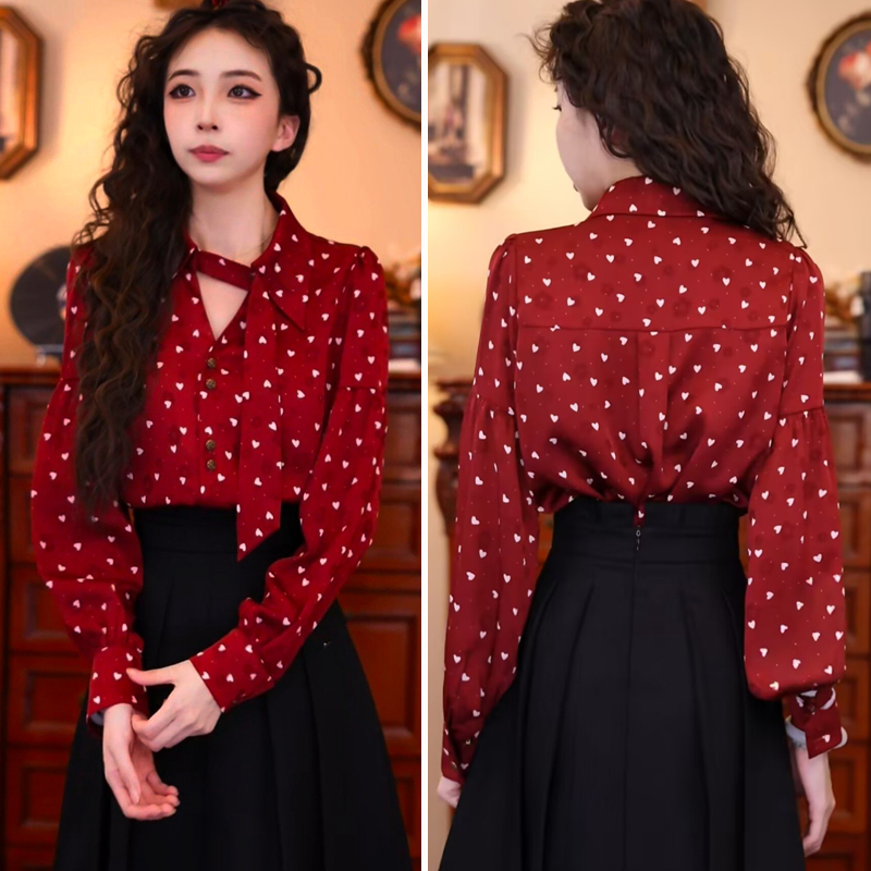 French-Style Ribbon Print Shirt for Women, Long-Sleeved, Spring Chic, Retro Hong Kong Style, Unique Top, Red Distinctive Blouse