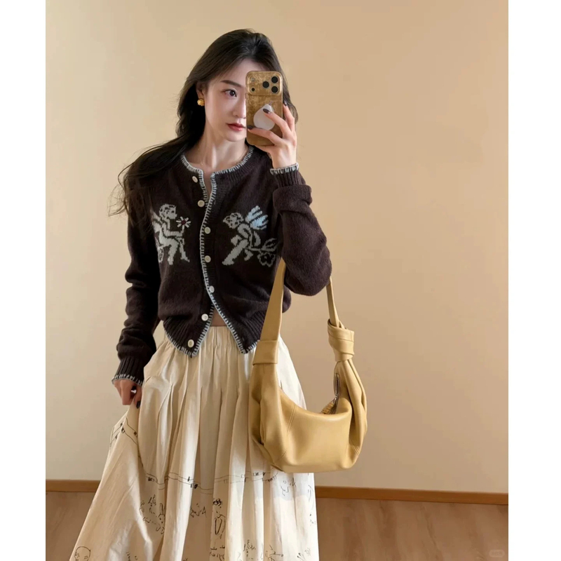 Melard Style Coffee-Colored Knitted Cardigan for Women, 2026 Early Autumn New Lazy Style Outerwear Sweater Jacket Top Melard Style Coffee-Colored Knitted Cardigan for Women, 2026 Early Autumn New Lazy Style Outerwear Sweater Jacket Top