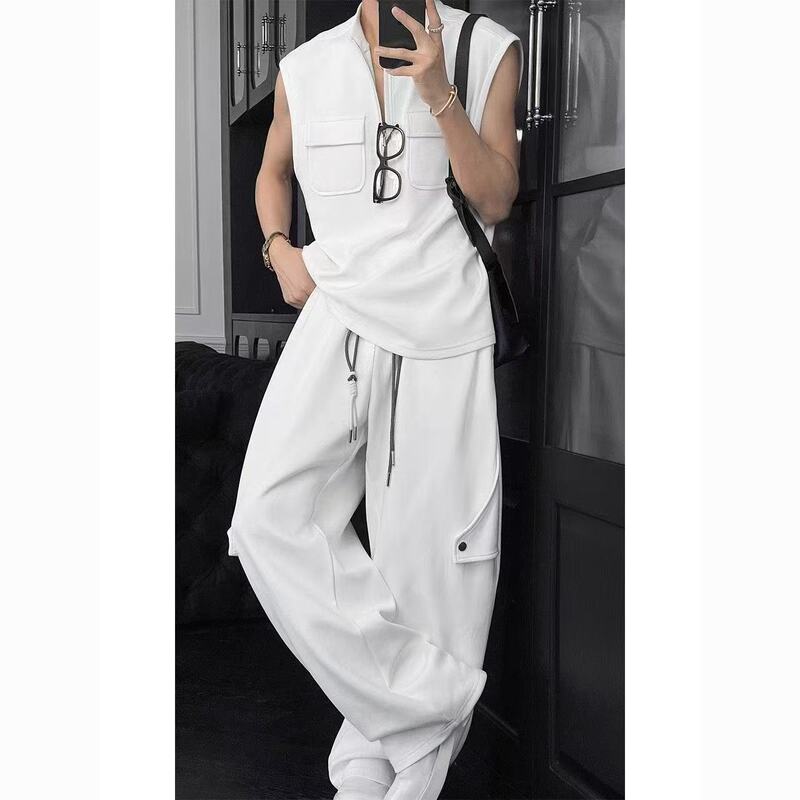 2024 Summer New Fashion Cool Casual Sports Suit for Men Trendy Design Sleeveless Vest and Long Pants 2-Piece Set