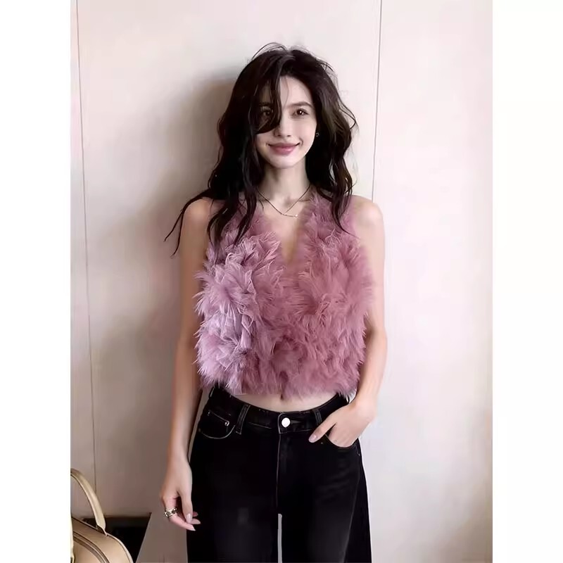 2026 Summer New French Sweet Style Pink and Purple Feather Sleeveless Vest for Women, Designer Age-Reducing Niche Top