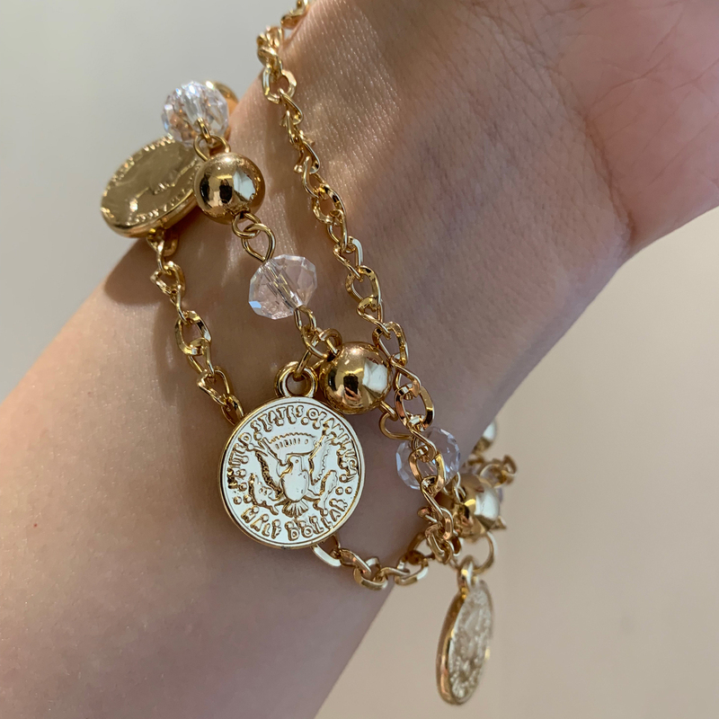 Bubblu "Evening Golden Glow" European and American Exaggerated Design Portrait Coin Tassel Multi-Layer Bracelet Niche Style