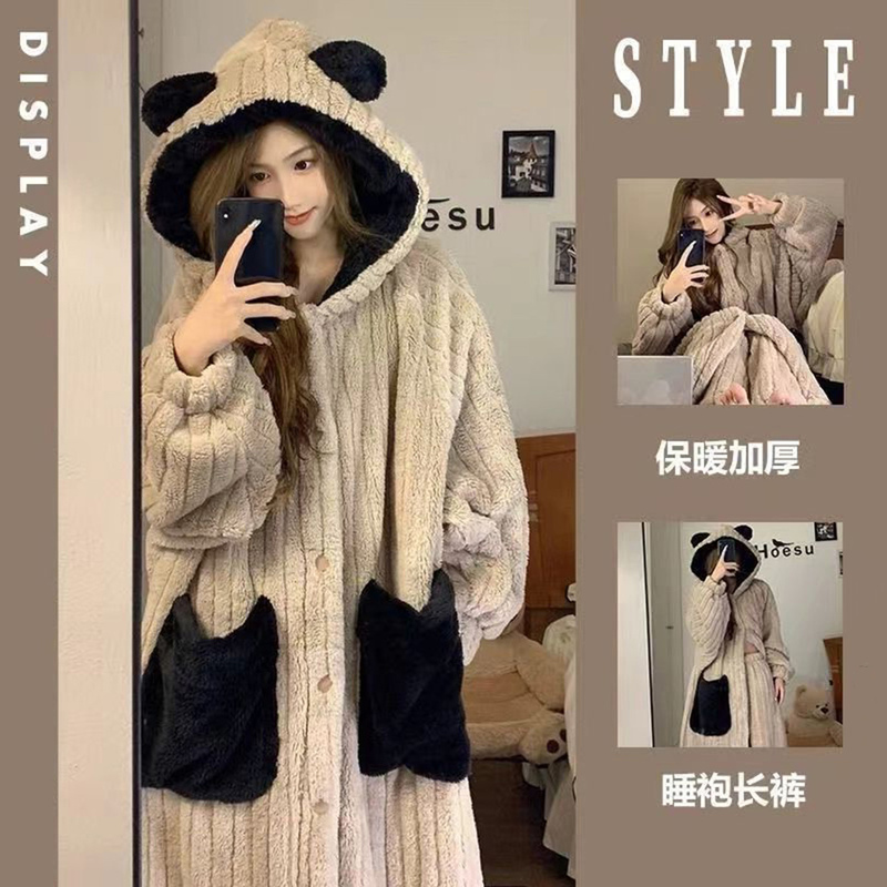 Extra Long Coral Velvet Nightgown for Women in Autumn and Winter, Hooded, Thickeneded and Warm, Flannel Pants, Pajamas, Home Wear Set