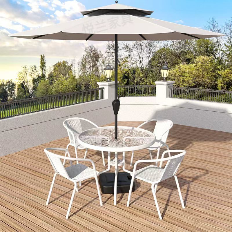 White Outdoor Table and Chair Set with Umbrella for Courtyard, Open-Air Leisure, Waterproof and Sun-Proof, Suitable for Milk Tea Shops and Cafes White Outdoor Table and Chair Set with Umbrella for Courtyard, Open-Air Leisure, Waterproof and Sun-Proof, Suitable for Milk Tea Shops and Cafes