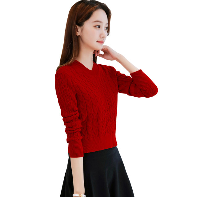 Twist sweater women's pullover short V-neck slim long-sleeved sweater autumn and winter thickened small high-waisted bottoming top