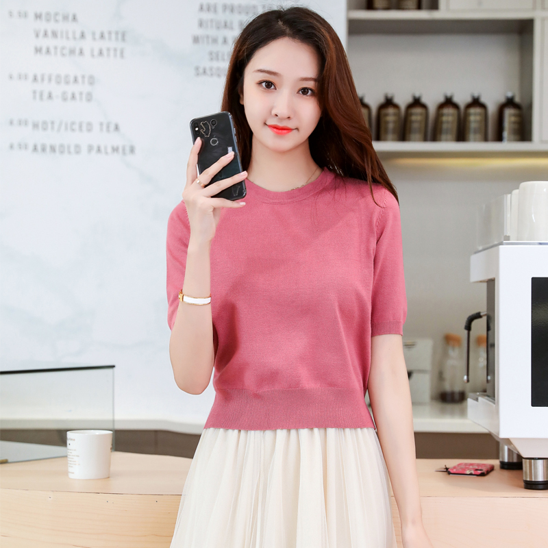 Ice Silk Thin Knit Base Shirt Sweater 2026 Spring and Summer New Korean Style Short-Sleeved Waist-Cinching Slimming Top for Women