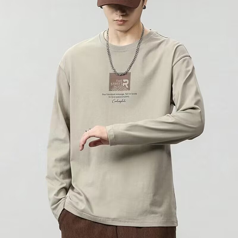 Spring and Autumn Long-Sleeved T-Shirt for Men, Cotton Top, Loose Fit, Large Size, Base Layer, Trendy Autumn Shirt, Casual Versatile Round Neck