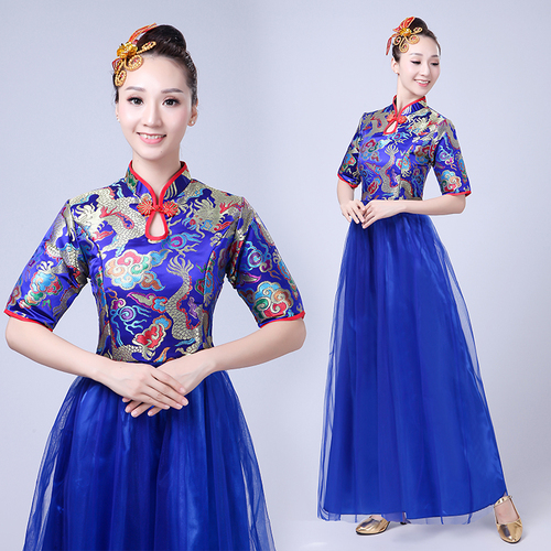 chinese dragon water drum dresses for women Chinese style modern dance costume clapper puff skirt for adults