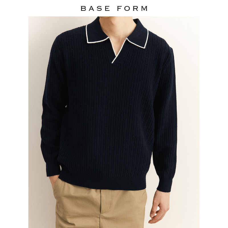 Baseform Contrasting Color V-Neck Long-Sleeved Autumn Workwear Casual Knitted Texture Seagull Collar Old Money Style Polo Shirt