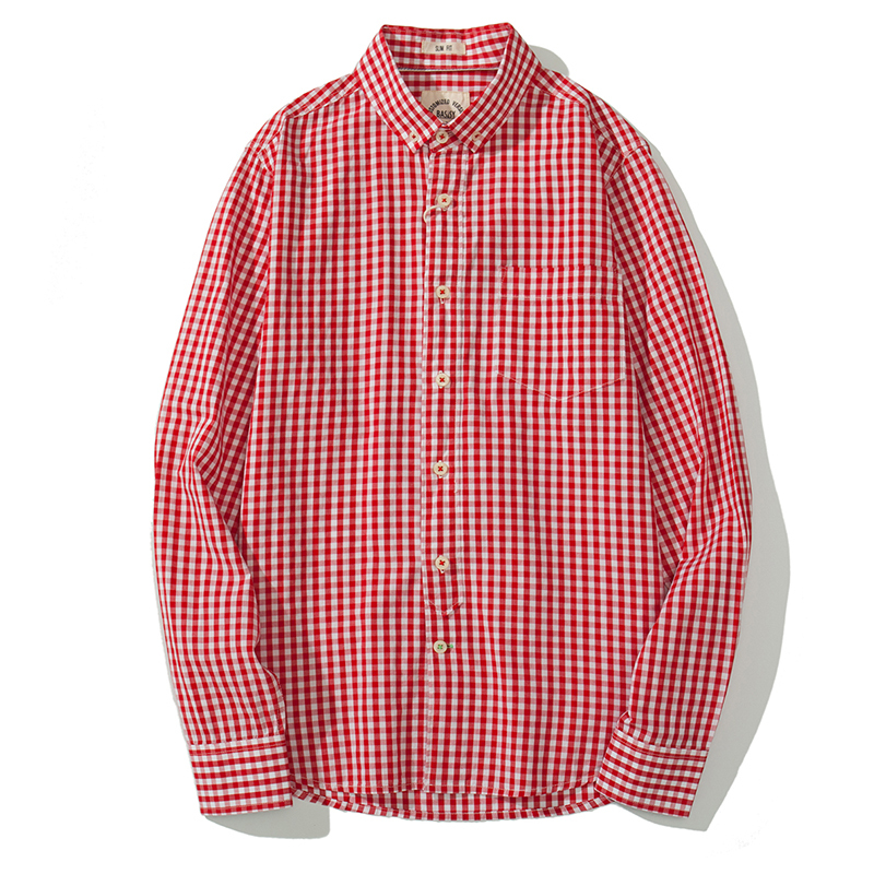 Red Checkered Long-Sleeved Shirt for Men and Women, Red and White Checkered Pure Cotton Casual Hong Kong Style Slim Fit Trendy Shirt