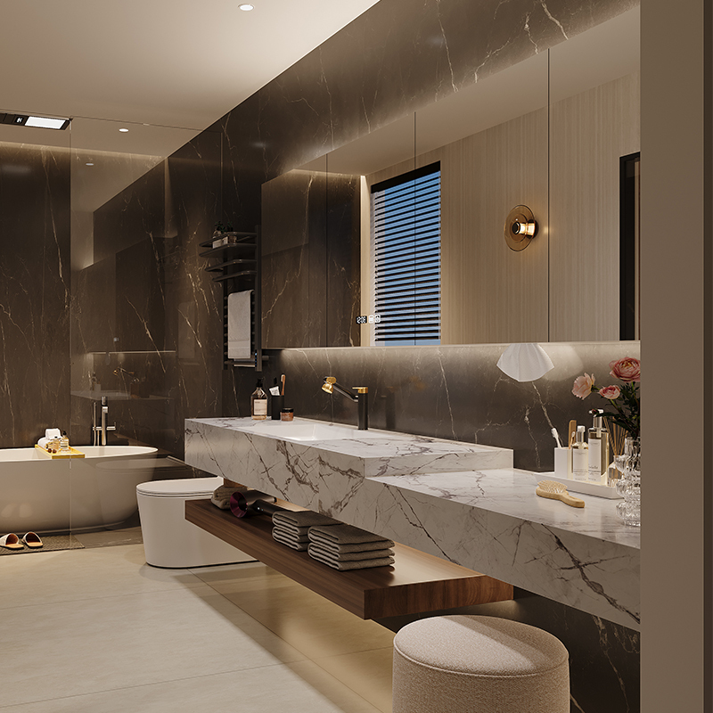 Italian-Style Light Luxury Bathroom Cabinet and Vanity Integrated Set with Rock Slab Hot-Bent Basin, Bathroom Washbasin and Makeup Table Italian-Style Light Luxury Bathroom Cabinet and Vanity Integrated Set with Rock Slab Hot-Bent Basin, Bathroom Washbasin and Makeup Table