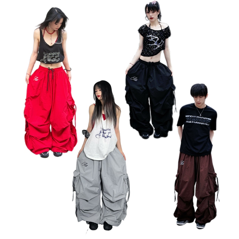 Azz Original Multi-Pleated Multi-Pocket Drawstring Design Laser Print Loose Wide-Leg Scimitar Pants