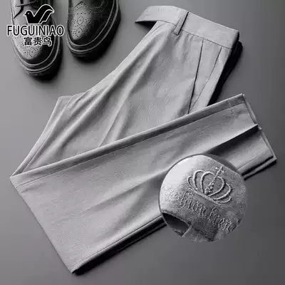 Rich bird men's suit pants summer thin slim-fit business straight pants Gray embroidered casual pants nine-point pants