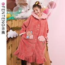 Finten Brown Bear Sleeping Robe Womens Winter Plus Suede Thickened Coral Suede Winter Mid-Length Sleeping Skirt Bathrobe home Sleeping Clothes