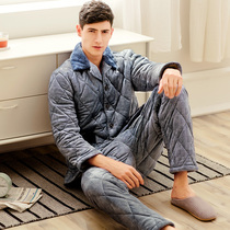 Fenten Winter Coral Fleece Clip Cotton Pyjamas Mens Three Layers Thickened Warm Youth Big Code Flannel Suede Suit Suit