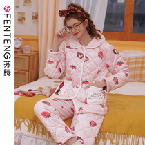 Fenten winter coral fleece cotton pajamas womens three layer thickened fleece cute strawberry flannel home clothing suit