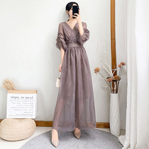 2021 new womens summer solid color simple lantern sleeves over the knee long dress female slim temperament long dress
