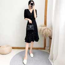 2021 new summer dress slim slim slim waist French dress women Black high waisted chiffon polo dress
