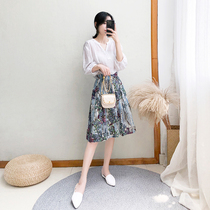 2021 new two-piece dress seven-piece sleeve embroidered top high waist floral skirt set women Summer
