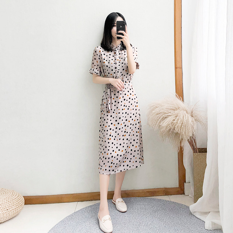 2023 new women's summer mid-length short-sleeved polka-dot dress female waist slimming chiffon long skirt