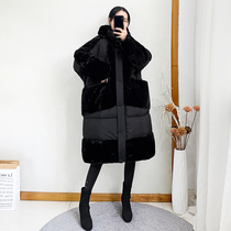 Winter 2020 new stitching long down jacket female black loose size over the knee white duck down jacket thickened