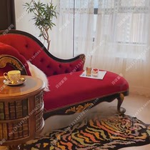 Neoclassical palace solid wood carved living room chaise longue chair designer red velvet fabric pull button bedroom chaise longue