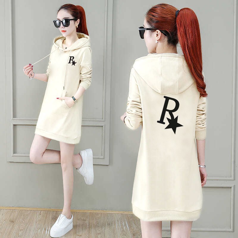 Mid-Length Hooded Sweatshirt Dress for Women, New Autumn and Winter Style, Casual, Versatile, Slimming, Fashionable Printed Long-Sleeve Sweatshirt Top, Trendy