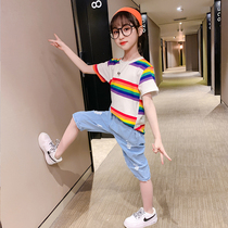 Girls suit summer 2020 new childrens clothing striped short-sleeved T-shirt casual girls denim pants two-piece set