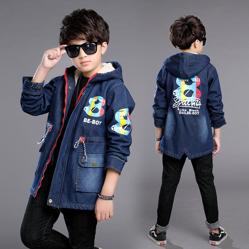 Boys fleece denim jacket autumn and winter clothes 2020 new foreign style big boys thickened top boys long windbreaker