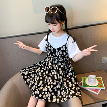 2021 Floral Daisy Dress Summer Western T-shirt Sling Skirt Waist Princess Skirt Fake Two Piece Childrens Clothing