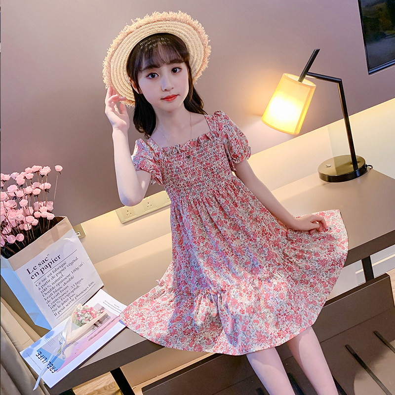 Girls summer dress 2022 new children's floral summer net red foreign style princess dress girl chiffon skirt