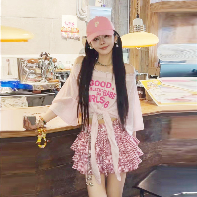 2026 Summer New Style Pure Desire Lace Splicing Letter Print One-Shoulder Short-Sleeved T-Shirt Women's Strappy Off-Shoulder Top 2026 Summer New Style Pure Desire Lace Splicing Letter Print One-Shoulder Short-Sleeved T-Shirt Women's Strappy Off-Shoulder Top