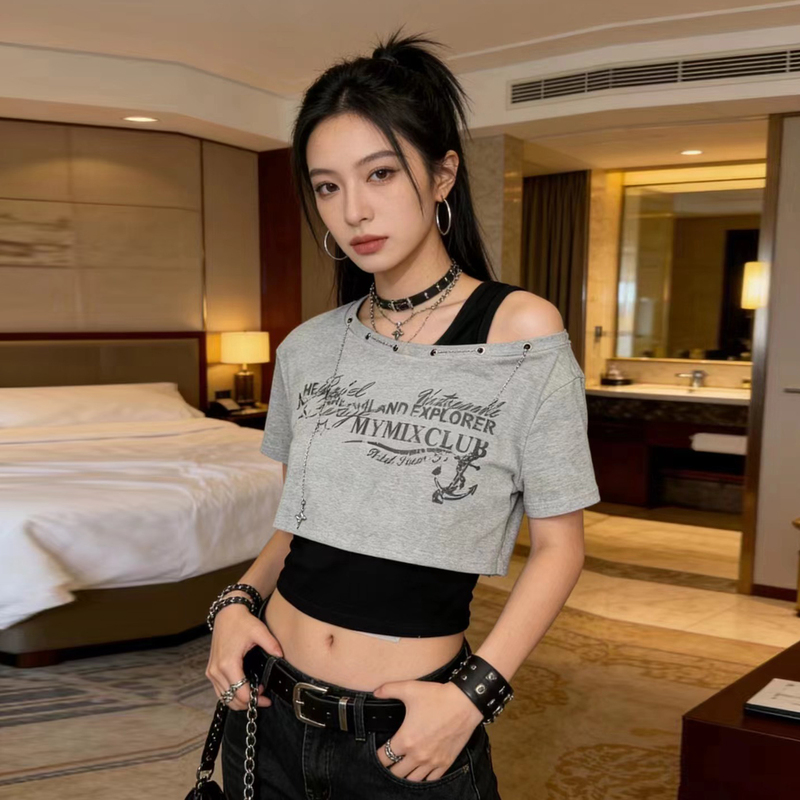 Trendy Letter Print Pullover Short-Sleeve Chain T-Shirt for Women, Summer Off-Shoulder Stylish Top