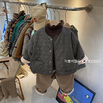 Children plus fleece jacket Korean childrens wear 2021 winter new style boys and girls foreign air wave quilted large round neck cotton suit